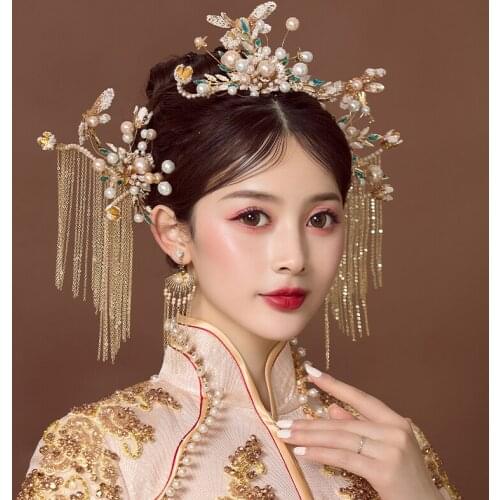 NiuShuya Retro Chinese Wedding Hanfu Ancient Costume Hair Accessories Blue Draggonfly Bride Wedding Headdress Accessories