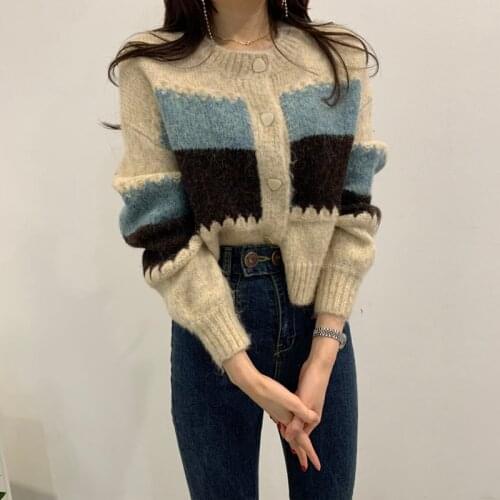 2021 Autumn Women Knitted Sweaters Female Fashion Loose Patchwork Cardigans Korean Elegant Lady Casual All-Match Tops