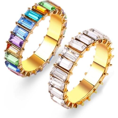 Multi-Color Cubic Zirconia Eternity Aesthetic Rings Stainless Steel Women and Men Keep Real Statement Hiphop Kpop Fashion 2021