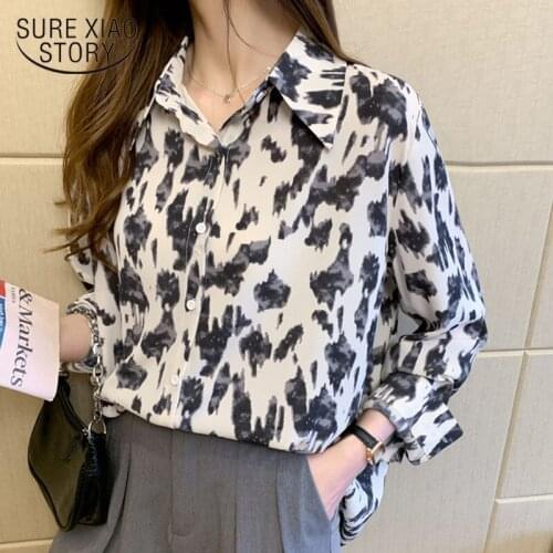 Leopard Vintage Woman Shirt 2021 Autumn Long Sleeve Chiffon Blouse Women Print Streetwear Korean Clothes Loose Blusas 10543