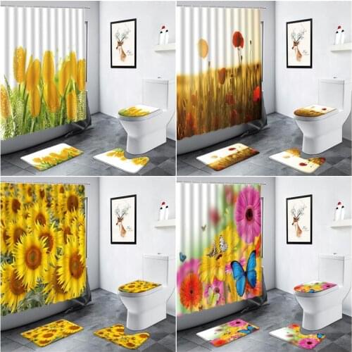 Rural Scenery Yellow Flowers Shower Curtain Tulip Sunflower Butterfly Floral Plant Bathroom Decor Non-slip Carpet Bath Mats Set