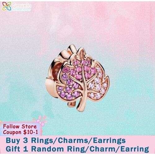 Smuxin 925 Sterling Silver Beads Sparkling Pave Leaf Charms fit Original Pandora Bracelets for Women Jewelry Making Girl Gift