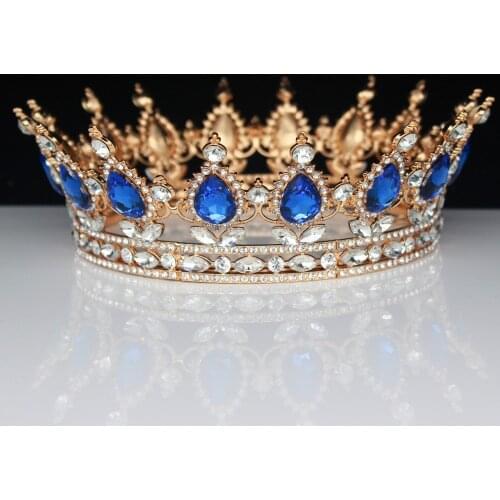 Gold Blue Queen King Tiaras and Crowns Bride Prom Headpiece Women Party Hair Ornaments Wedding Bridal Hair Jewelry Accessories