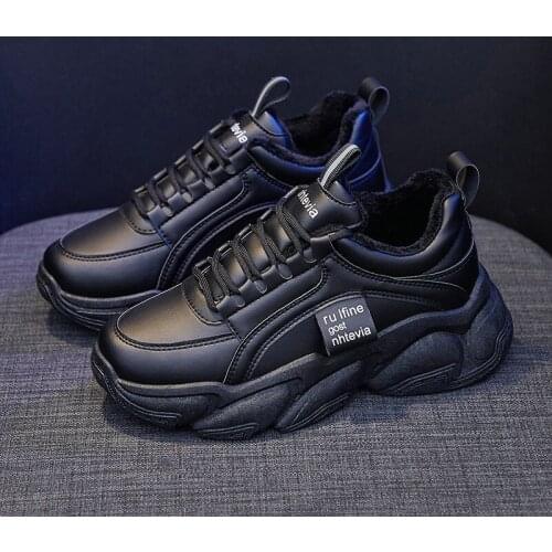 Womens Shoes Winter Black Platform Sneakers Leather Warm Fur Korean Casual Shoes Thick Bottom Lace Up Women Vulcanize Shoes
