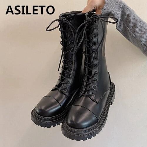 ASILETO PU Leather Autumn Boots Women Platform Lace Up Chelsea Boot Midcalf Spring Booties Female Thick Bottom Black 40 S2200