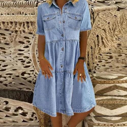 Women Summer Bohemian Sundress 2021 Short Sleeve Turn Down Collar Pockets Single-breasted A Line Denim Dress Casual Clothes