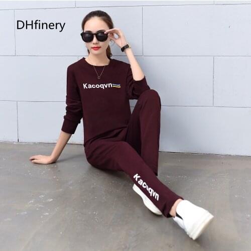 DHfinery Casual two piece set women spring autumn full sleeve top and pants set black gray wine red suit plus size M-4XL A1769