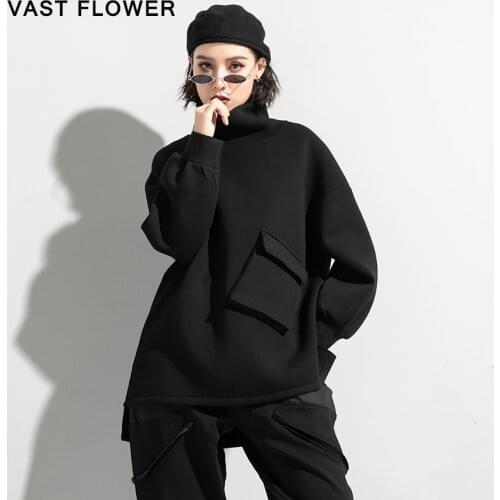 Black Turtleneck Sweatshirt Women Thicken Split Long Sleeve Pullover Pockets 2020 New Autumn Winter Fashion Casual Loose Clothes