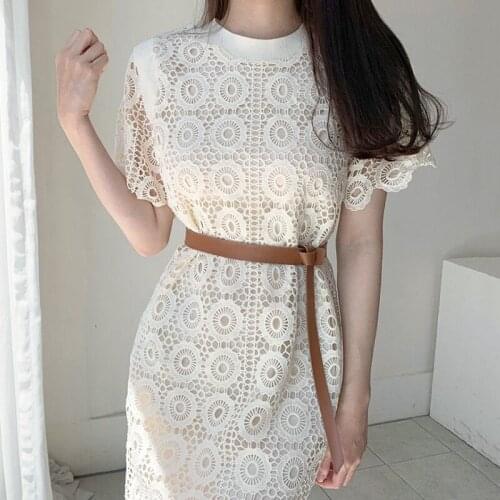 2021 Fairy Elegant Lace Hook Flower Temperament Dress Women High Waist Hip Sashes A Line Slim Vestidos O Neck Short Sleeve Robe