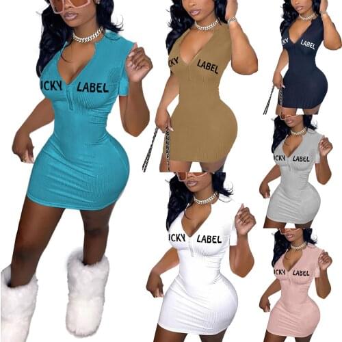 Women Fashion Letter Embroidery Skinny Dress Sexy Stitching Short Sleeve Knit Rib Pencil Dress Ladies banquet Short Mini Dress