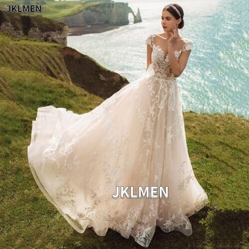 2021 Elegant Cap Sleeve A Line Wedding Dresses Button Sheer Scoop Neck Bride Dresses Tulle Lace Appliques Bridal Gown