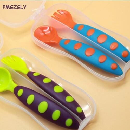2P Baby Utensils Solid Feeding Spoon And Fork Feeding Spoon Dinnerware Set infant Dishes with Storage Box Learning Flatware Bowl