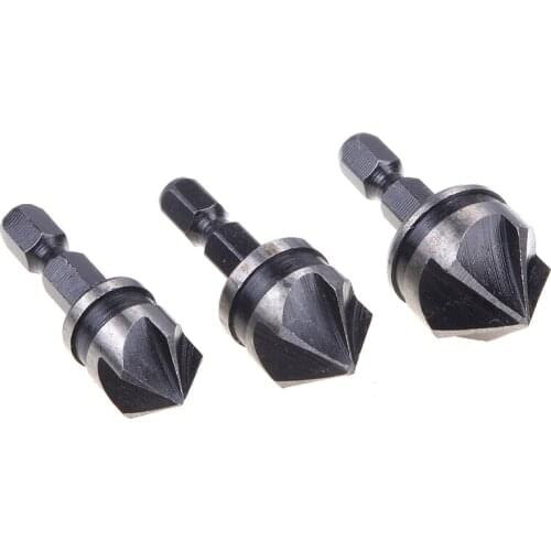 3 Pcs/Set 12/16/19 MM Countersink Bore Set 1/4" Hex Shank 5 Flutes Chamfer Bit Woodworking Countersink Bore Set #82676