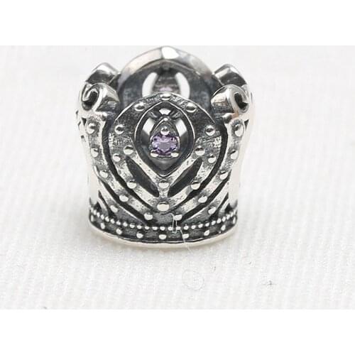 Authentic 925 Sterling Silver Bead Crown Hollow Purple Crystal Beads For Original Pandora Charm Bracelets & Bangles Jewelry