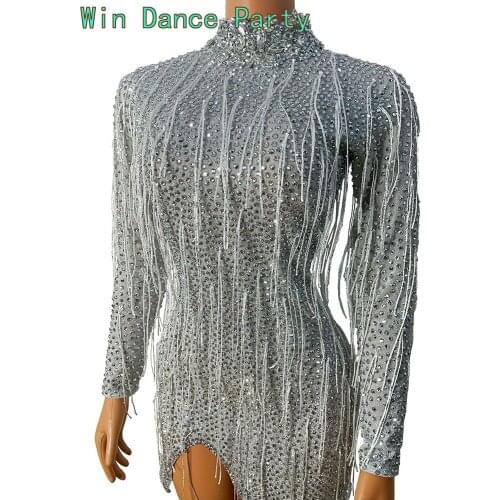 Sparkly Rhinestone Fringes Short Dress Tassel Hula Latin Sexy Split Birthday Prom Party Bodycon Dress Singer Dancer Performan