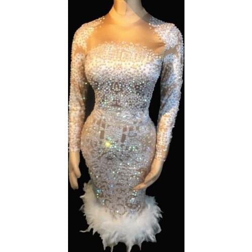 Sparkly AB stones Feather Dress Stretch Sexy Nightclub Bar Dance Wear Evening Celebrate Dress Costume Prom Birthday Dresses
