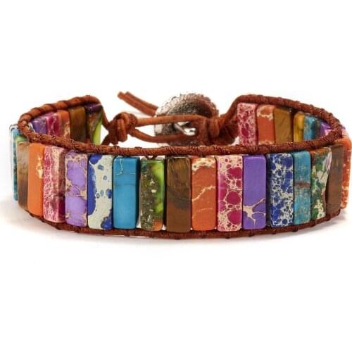 BUDROVKY Tube Shape Natural Howlite Single Leather Wrap Bracelets Handmade Bohemian Weaving Stone Strand Bracelet Jewelry