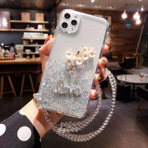 3D Flowers with Crystal Lanyard Phone Case for IPhone 11 12 Pro Max XR X XS Glitter Star Cover Coque for IPhone 7 8 Plus SE 2020