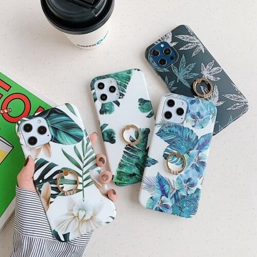 Vintage Banana Leaf Phone Case For iPhone 11 12 Pro X XR XS Max 8 7 Plus SE2020 12 Mini Soft IMD Finger Ring Back Cover Coque