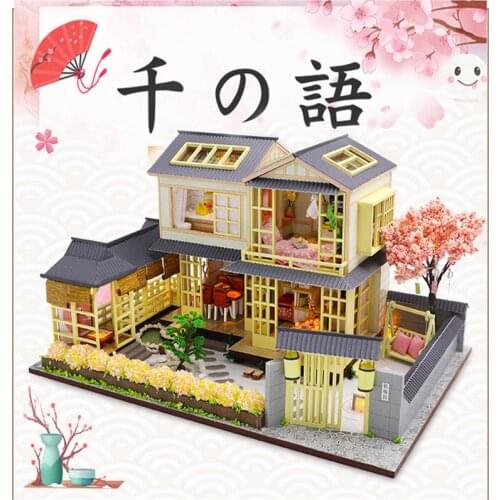 DIY Wooden Dollhouse Japanese Sakura Architecture 3D Doll Houses Miniature Assemble With Furniture Creative Toys Children Gift