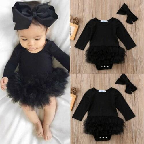 2PCS Newborn Baby Girls Clothes Long Sleeve Black Cotton Tutu Jumpsuit+Headband Princess Costume Sunsuit Set