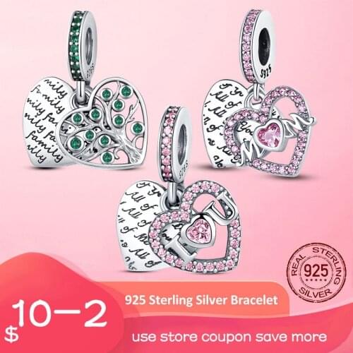 2021 New 925 Sterling Silver Family Tree of life Dangle Charm Green CZ Beads Pendant fit Original Bracelet Necklace DIY Jewelry