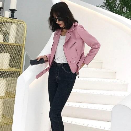 2020 Spring Sweet Pink Womens Sheepskin Biker Real Leather Jacket Designer Lapel Zipper Short Coat Female Streetwear Outerwear