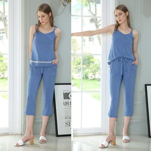 Summer Women Casual Tracksuit Pajamas Set Cute Slings+Cropped Trousers Modal Thin Sexy Homewear Tracksuit Sleepwear Big Size XXL