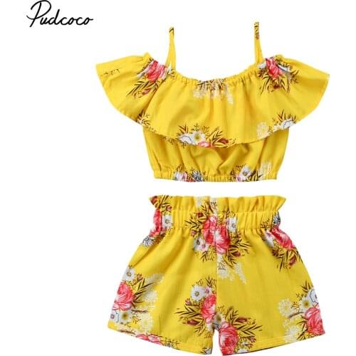 2020 Baby Summer Clothes Infant Child Kid Baby Girl Floral Outfits Shoulder Vest Tops+Short Pants 2Pcs Set Casual Sunsuit 1-6Y