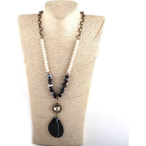 MOODPC Bohemian Tribal Jewelry Natural Grey Irregular Chip Stone & Glass Crystal links Grey Stone Drop Pendant Necklace