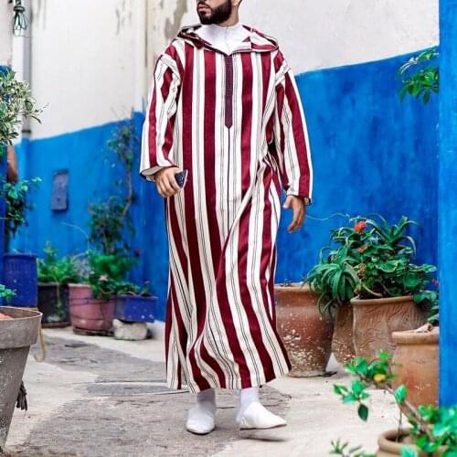 Mens Shirt Long Sleeve Long Shirt 2021 Mens Muslim T-shirt Red Striped Robe African Traditional Casual Shirt Male 2021 New