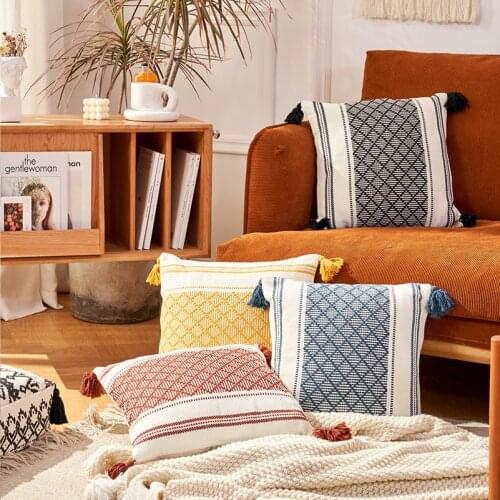 Yarn-dyed Tassel Geometric Woven Cushion Cover 45x45cm Boho Home Decore Sofa Car Throw Pillow Cover Plaid Red Black Pillowcases