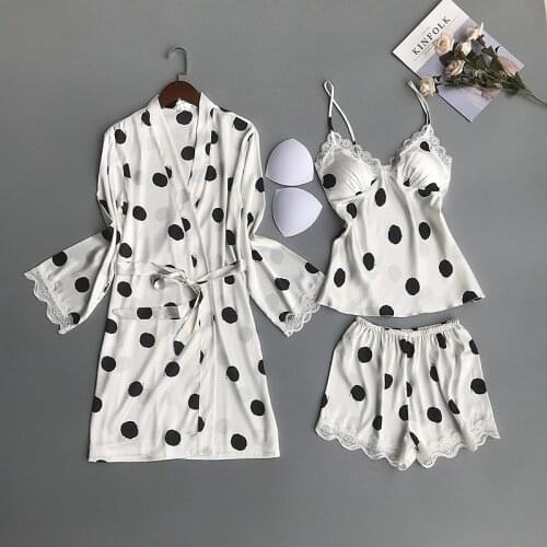 Foply 3 PCS Womens Pajamas Set Polka Dot Lace Sexy Robe Nightwear Strap Sling Shorts Spring Summer Sleepwear Homewear Nightgown