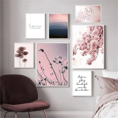 Nordic Landscape Posters Pink Cherry Blossom And Bird Print Wall Art Canvas Painting Living Room Decor No Frame