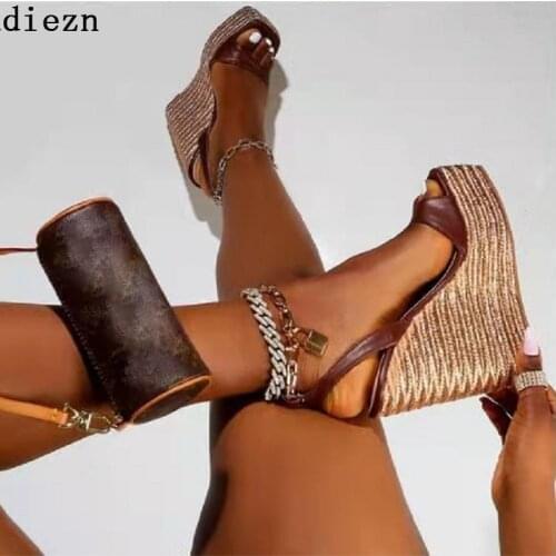 Big Size 42 Modern Sandals Women Wedges Pumps Metal Chain High Heels Sandals Ladies Weave Summer Footwear Platform Female Shoe
