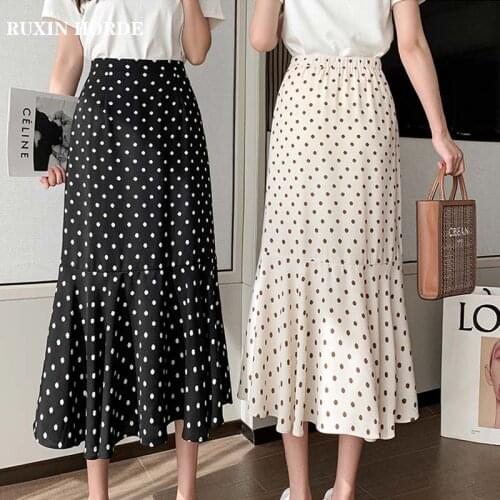 Chiffon Polka Dot Print High Waist Women Hot 2021 Spring Summer New Elastic Long Texture Sweet Girl Korean Fashion Mermaid Skirt