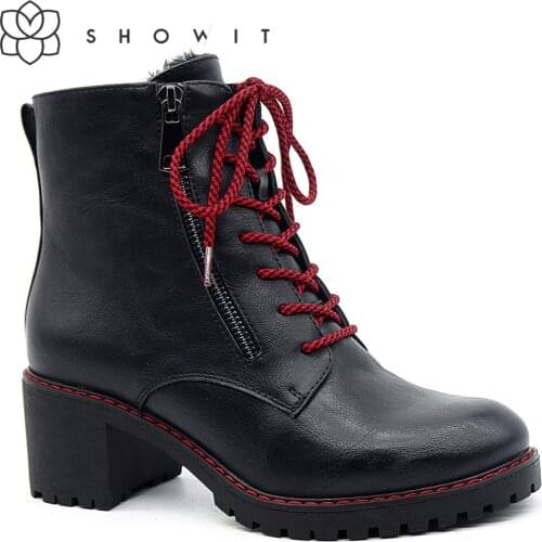 SHOWIT Autumn Winter Ankle Martine Boots Chunky Heels Zipper Closure Classic Fashion Red Lace Up platform
