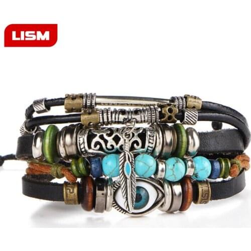 Blue Evil Eye Owl Bracelet Multilayer Bracelet Men Casual Fashion Braided Leather Bracelets For Women Punk Rock Men Jewelry