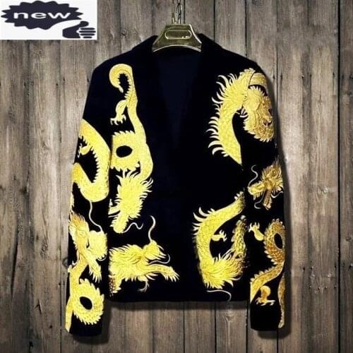 High Quality Chinese Style Dragon Embroidery Mens Velvet Blazer Casual Vintage Nightclub Singer Show Suit Slim Fit Male Coats
