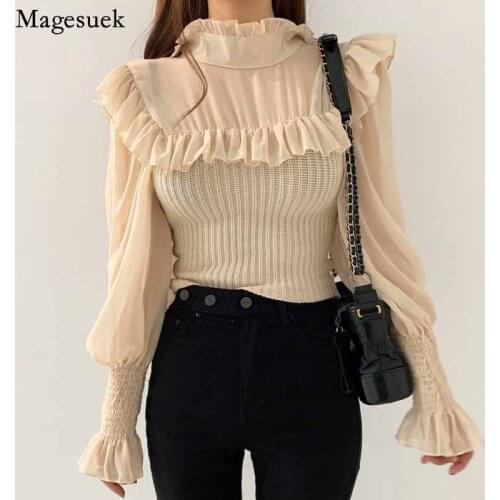 Causal Pleated Knit Ruffles Woman Shirt Elegant Stand Collar Tops Lady Autumn Korean Fashion Slim Chiffon Blouses Blusas 16481
