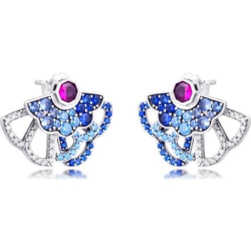 Blue & Pink Stone Fan Statement Stud 925 Silver Earrings for Women 925 Sterling Silver Earings Fine Jewelry 2020 New