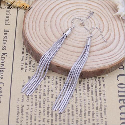 ANENJERY 925 Sterling Silver Long Chain Tassel Earrings For Women Boucle d'oreille oorbellen S-E64