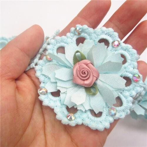 10x Blue Cotton Rhinestone Flower Embroidered Lace Trim Ribbon Fabric Sewing Supplies Craft For Costume Dress Hat Decoration
