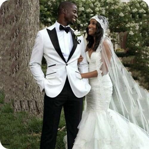 2019 Black Lapel Slim Fit White Men Wedding Suit 2 Pieces Men Tuxedos For Groom Party Prom Wedding Mens Suits Bridegroom