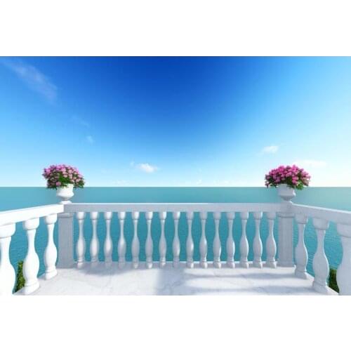 3D Natural Scenery Series Background For Photography Blue Sky Clear Sea White Fence With Pink Potted Plant For Wedding Events