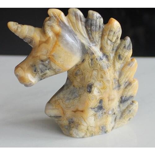 65mm Hand Carved Gemstone Crazy lace Agate Unicorn Skull Figurine Carving