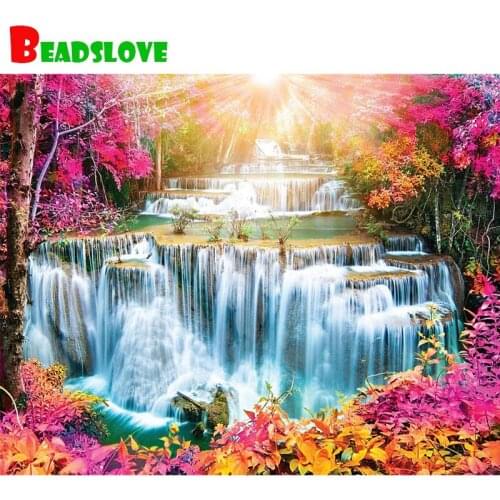 5D Mosaic Diy Diamond Painting Full Square Round Drill Waterfall Red Forest Picture of Rhinestone Embroidery Wall Sticker
