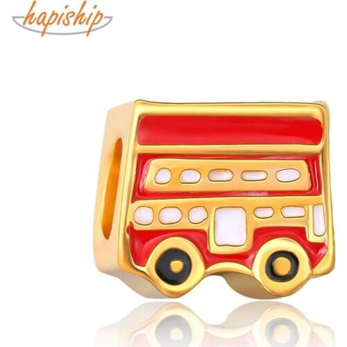 Hapiship New Original Daisy Fashion Golden Double-decker Bus Charm Beads Fit Charm Bracelet Female DIY Jewelry Making CZ021