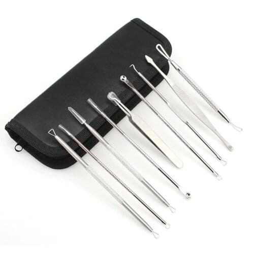 Silver Stainless Steel Acne Needle Private Label Accessories Earpick Makeup Tools 9 Piece/Set Black Packaging