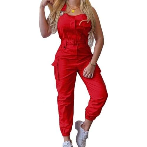 Cargo jumpsuit women summer 2021 Ankle Tied Shoulder Strap Women Sleeveless High Waist Pockets Romper for Working Red xxxl